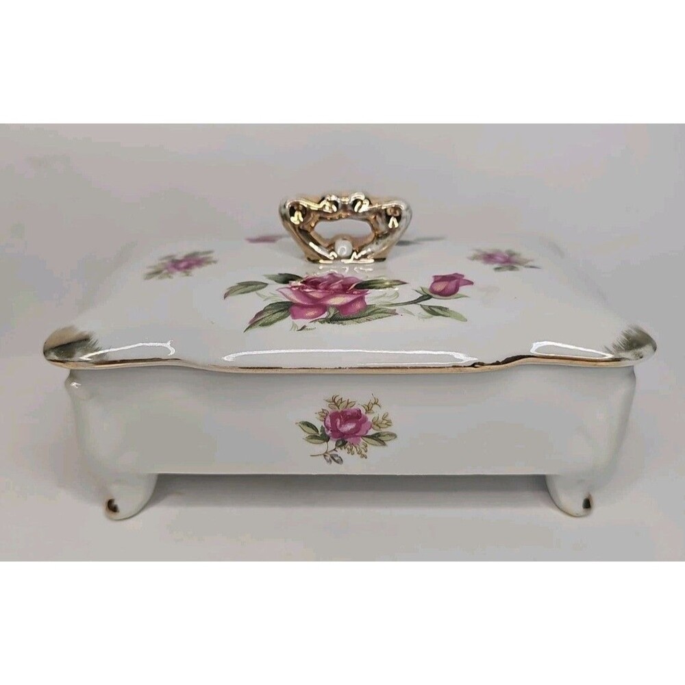 Vintage Chase Japan Porcelain Footed Trinket Jewelry Box Pink Rose Gold Trim